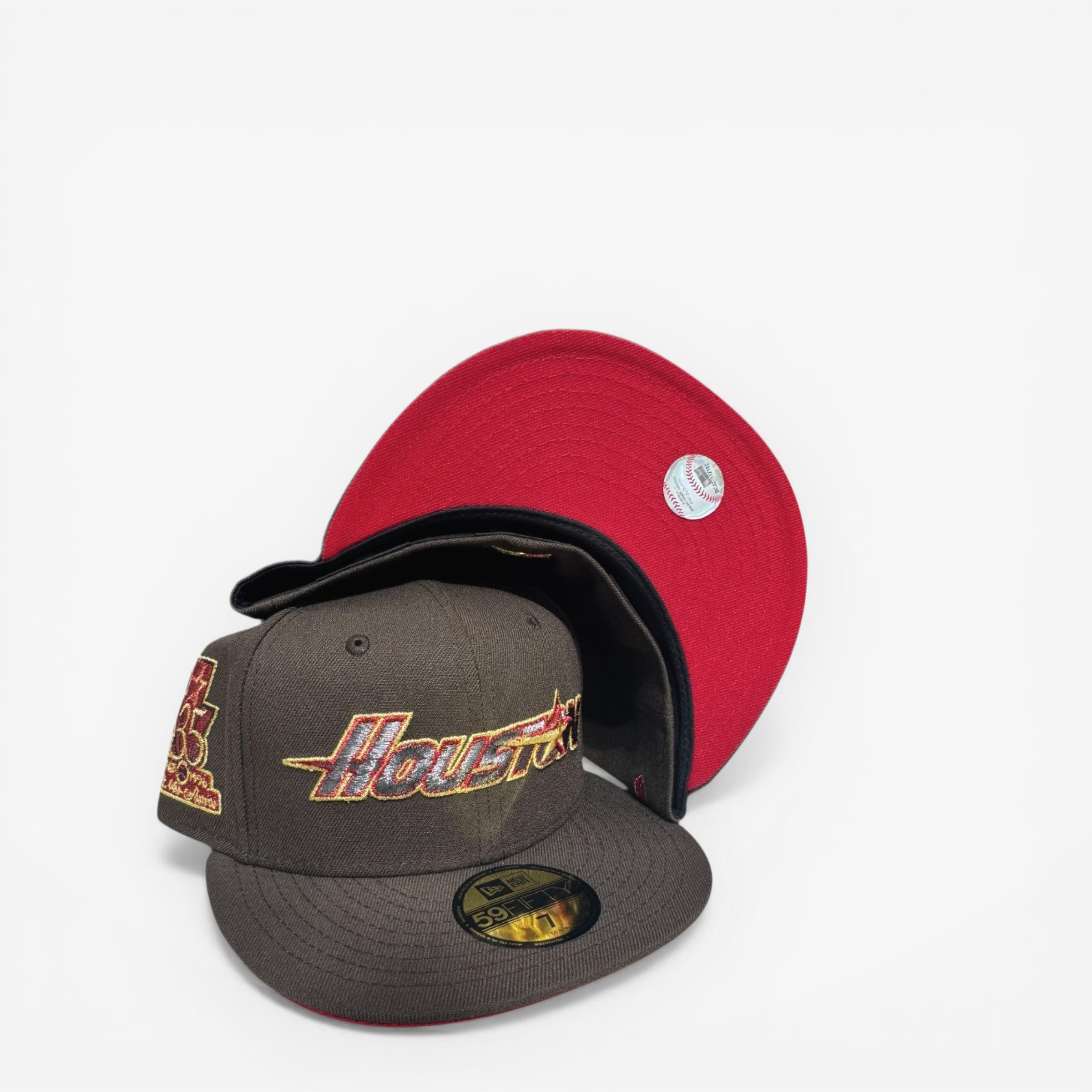 METRO Houston Astros 35th Anniversary fitted hat in brown with red underbrim and embroidered logo. Features commemorative side patch.