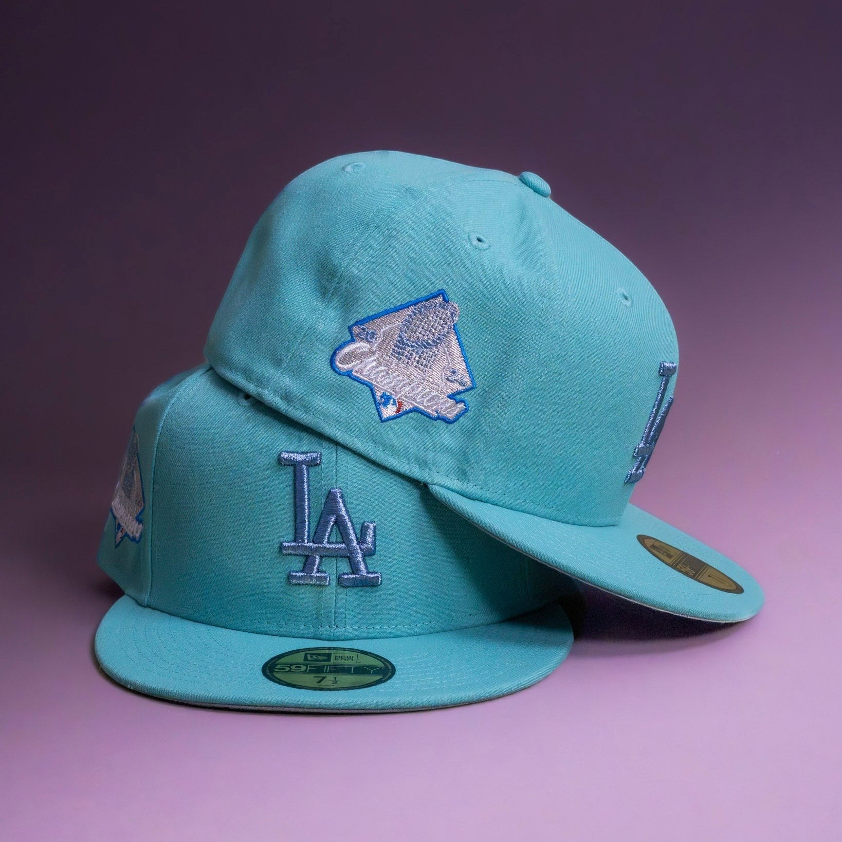 METRO LA Dodgers 2024 Champions fitted hat in light blue with grey UV underbrim and embroidered logo.