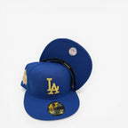 METRO LA Dodgers blue fitted baseball cap with gold LA logo and Dodger Stadium patch. New Era 59FIFTY.