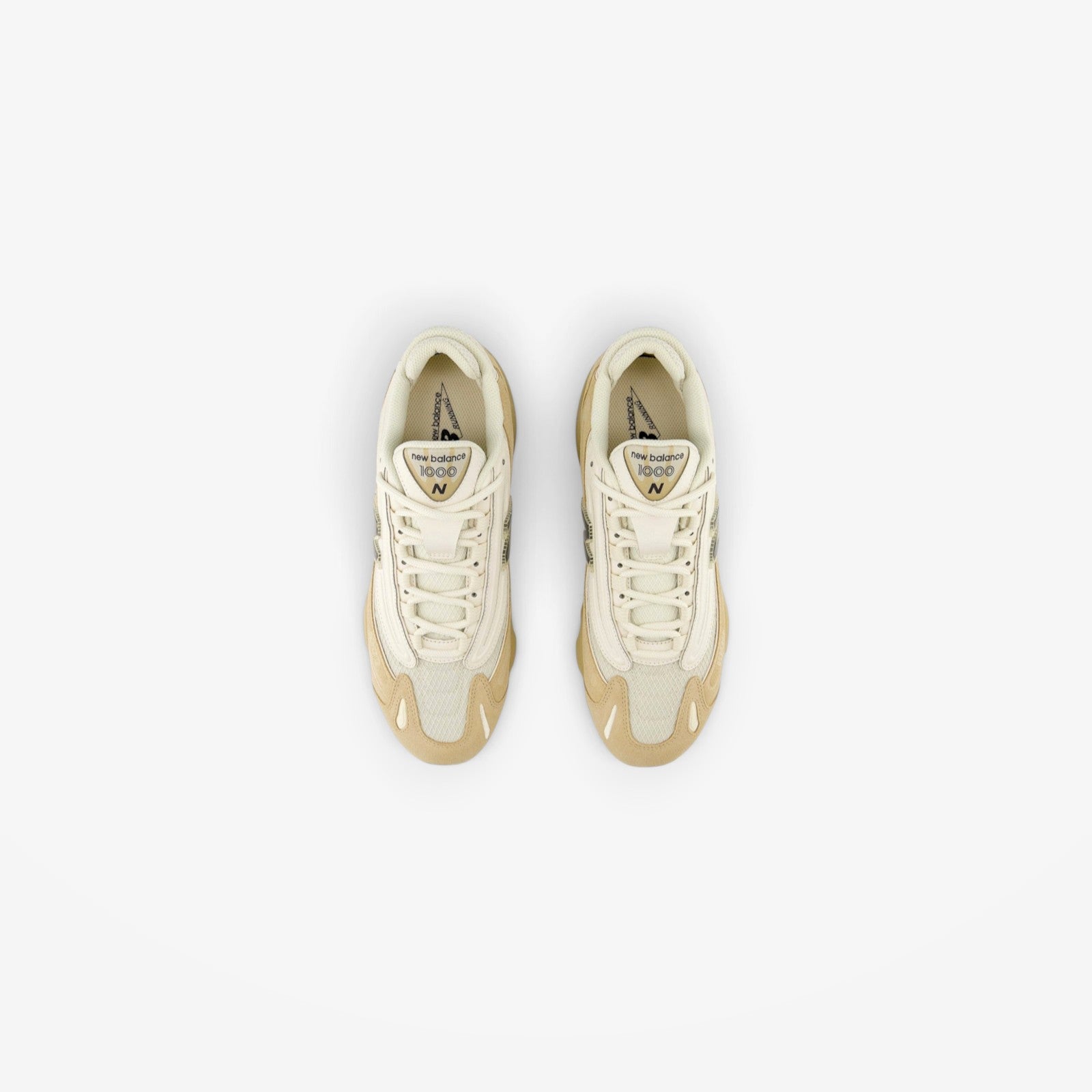 METRO New Balance 1000 sneakers in incense and black, featuring a mesh and suede layered design, top-down view.