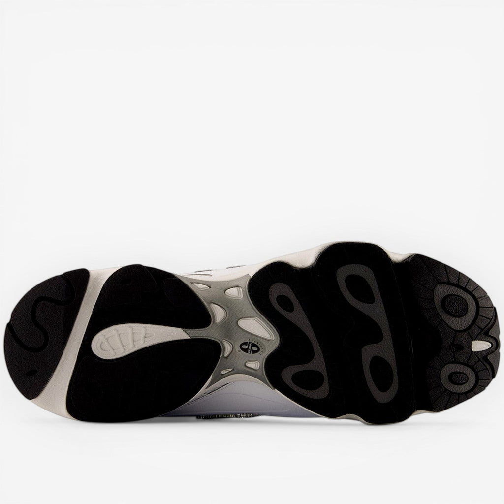 New Balance sneaker outsole, black and white rubber tread, footwear detail