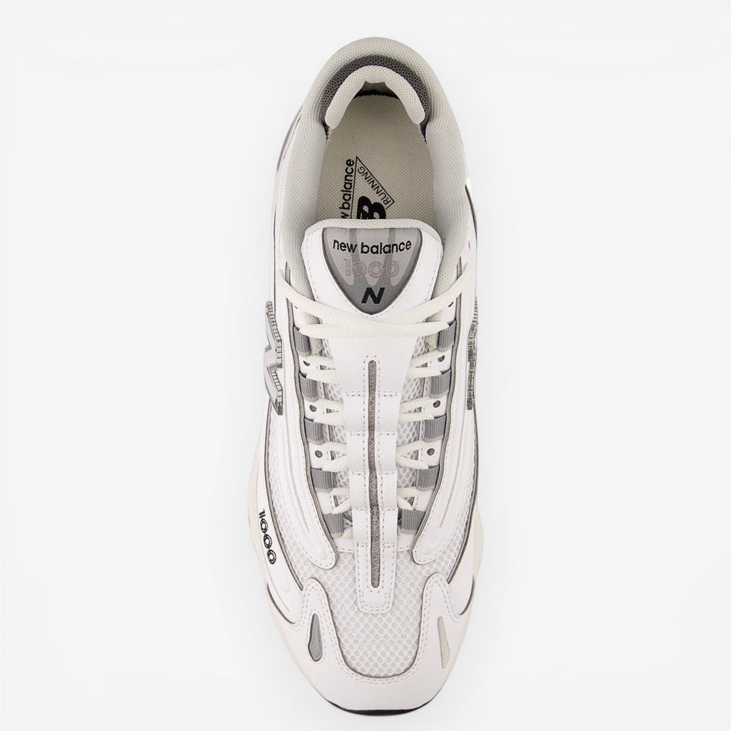 New Balance white sneaker, top view, mesh and leather detailing, footwear, sneakers