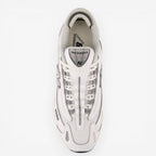 New Balance white sneaker, top view, mesh and leather detailing, footwear, sneakers