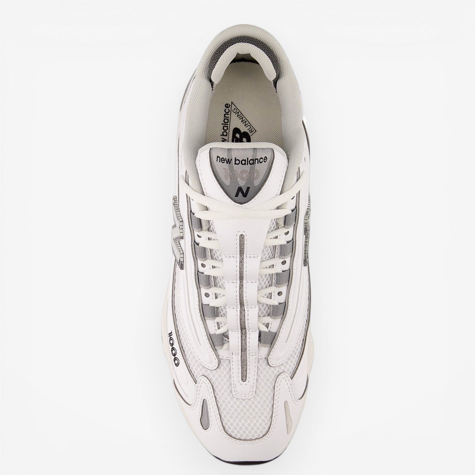 New Balance white sneaker, top view, mesh and leather detailing, footwear, sneakers
