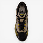 Top view of New Balance 1000 sneaker in black, tan and olive with mesh and leather details.