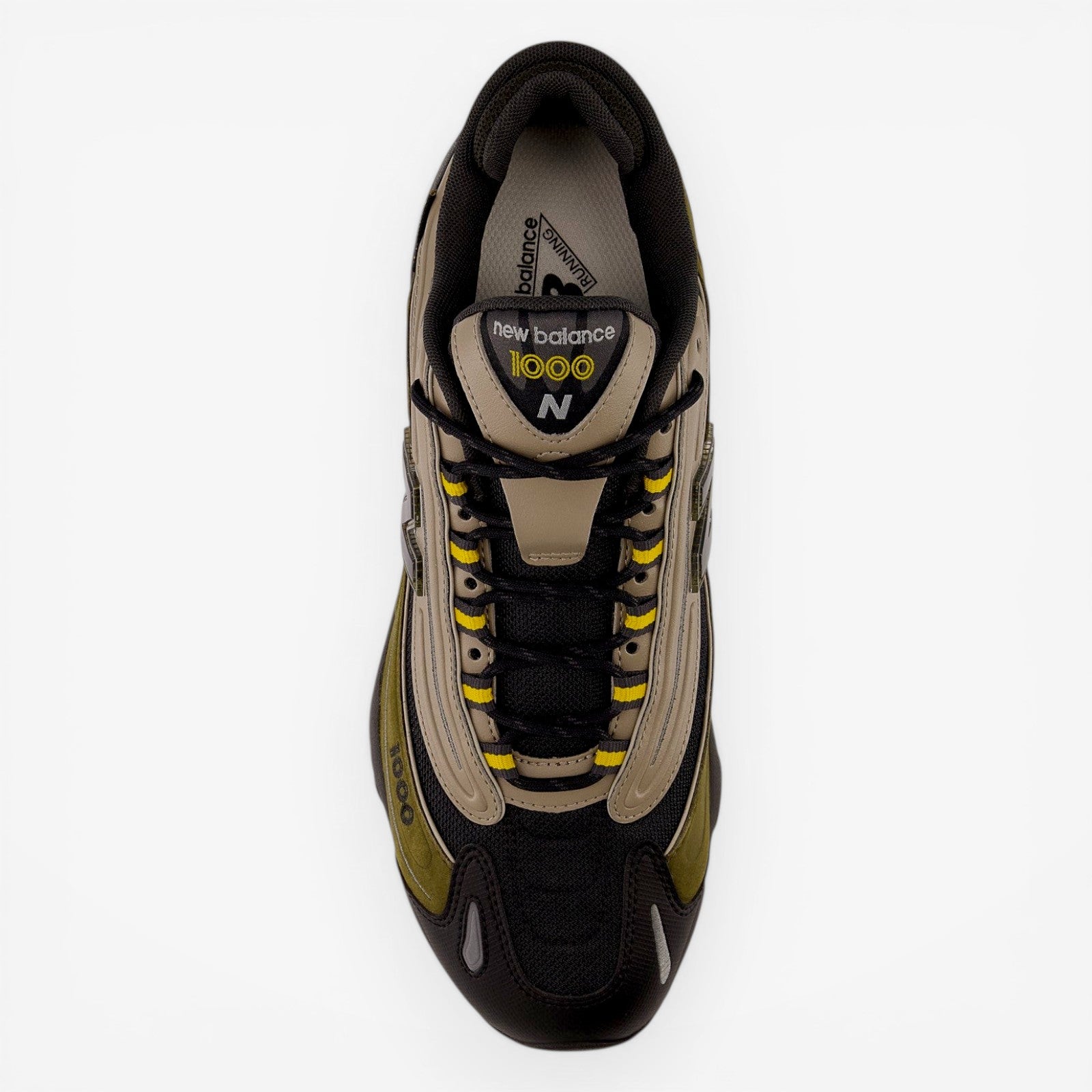 Top view of New Balance 1000 sneaker in black, tan and olive with mesh and leather details.