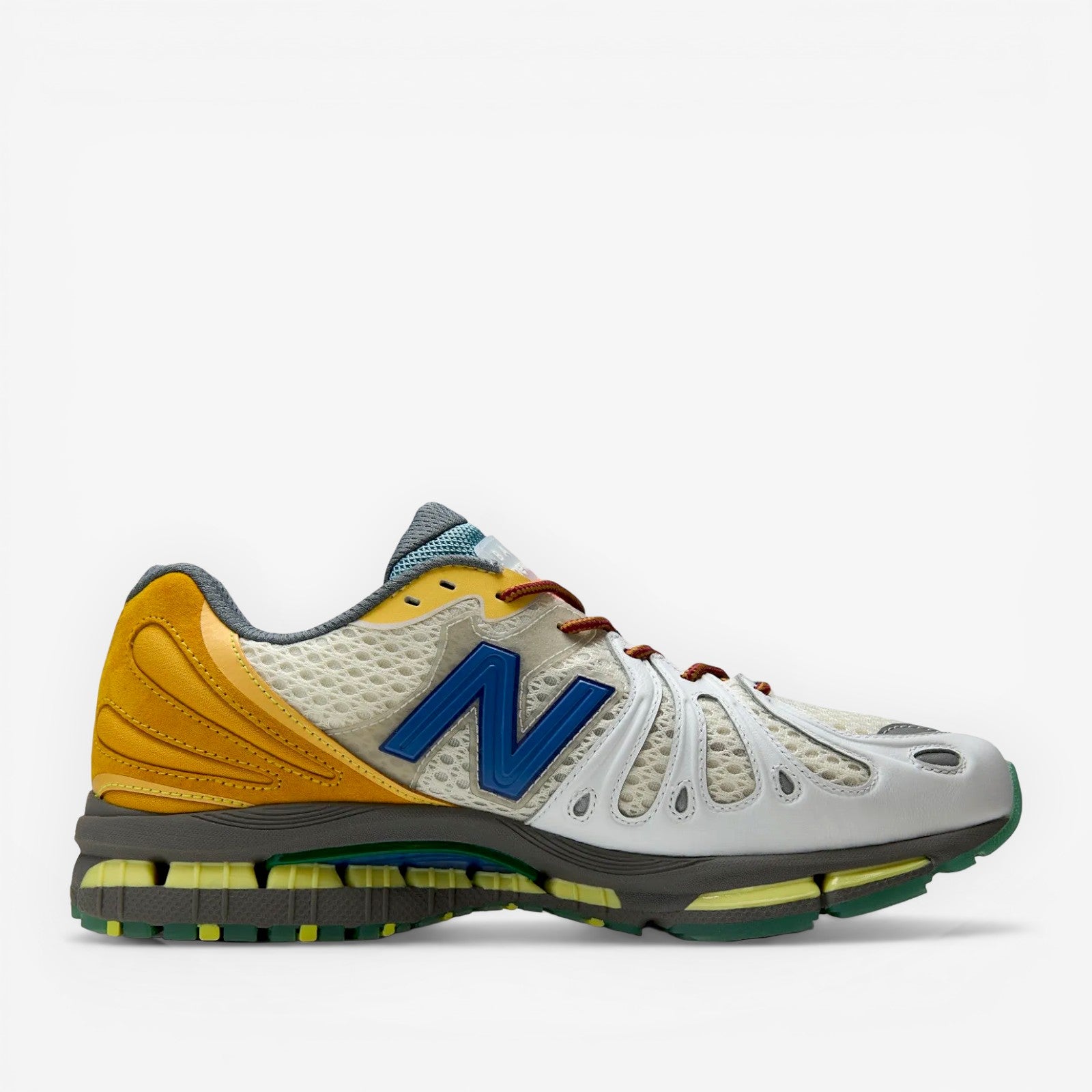 Multicolored running shoe with New Balance logo on a white background