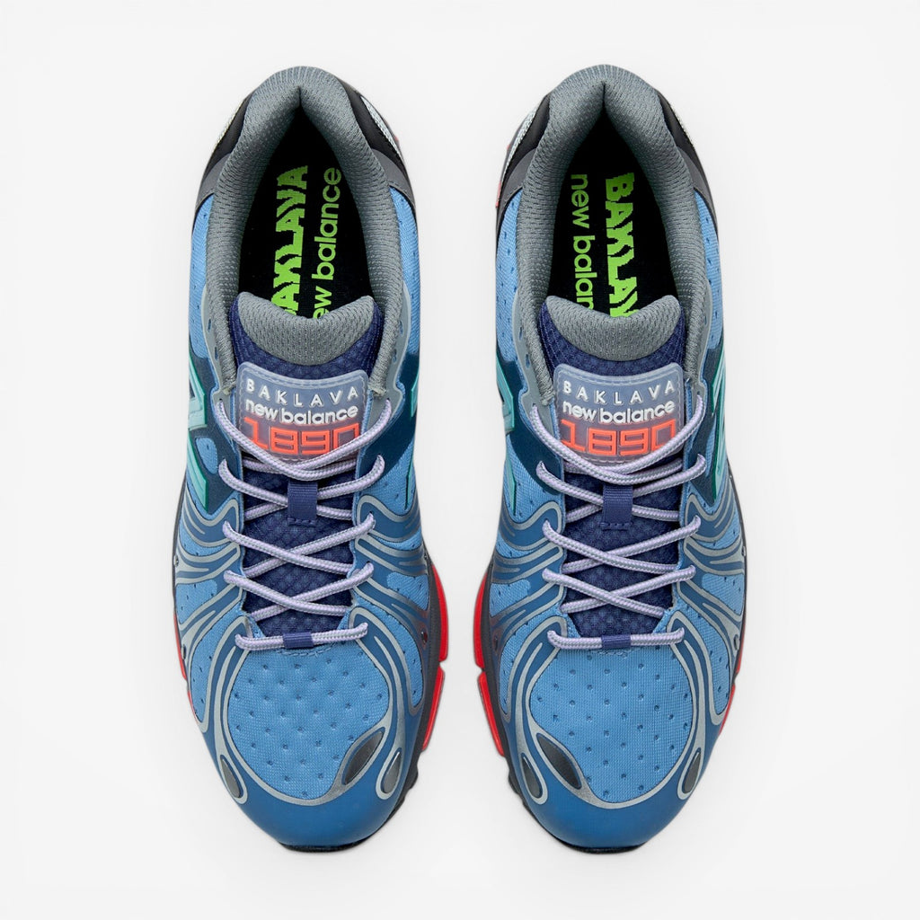 METRO Action Bronson x New Balance 1890 Medusa Azul blue mesh, suede, and synthetic sneakers with red accents.