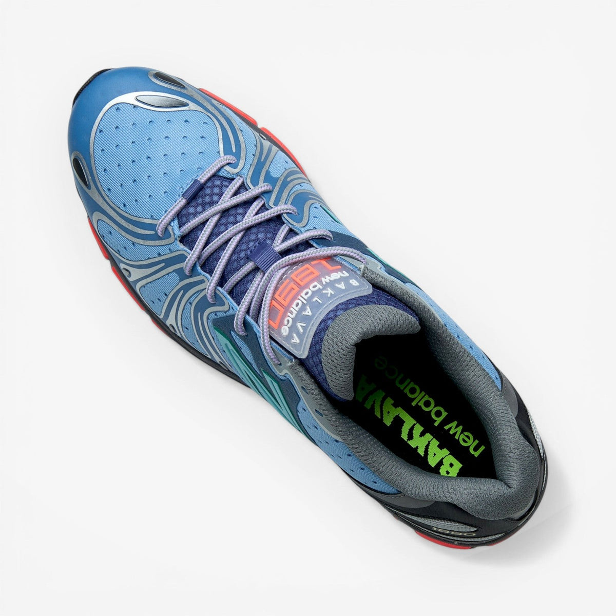 METRO Action Bronson x New Balance 1890 Medusa Azul blue mesh and suede lifestyle sneakers with grey accents and red detailing.