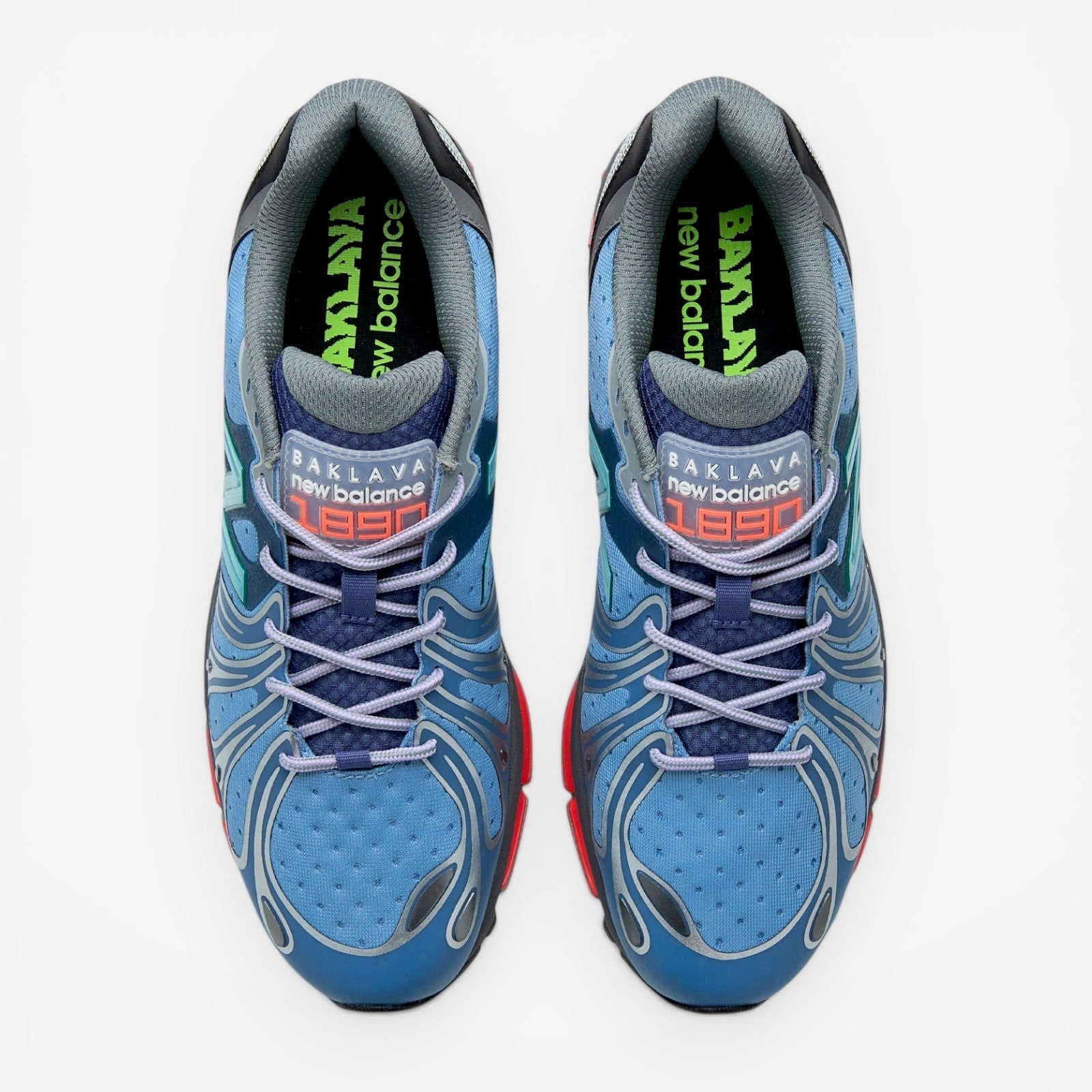 METRO Action Bronson x New Balance 1890 Medusa Azul blue mesh, suede, and synthetic sneakers with red accents.