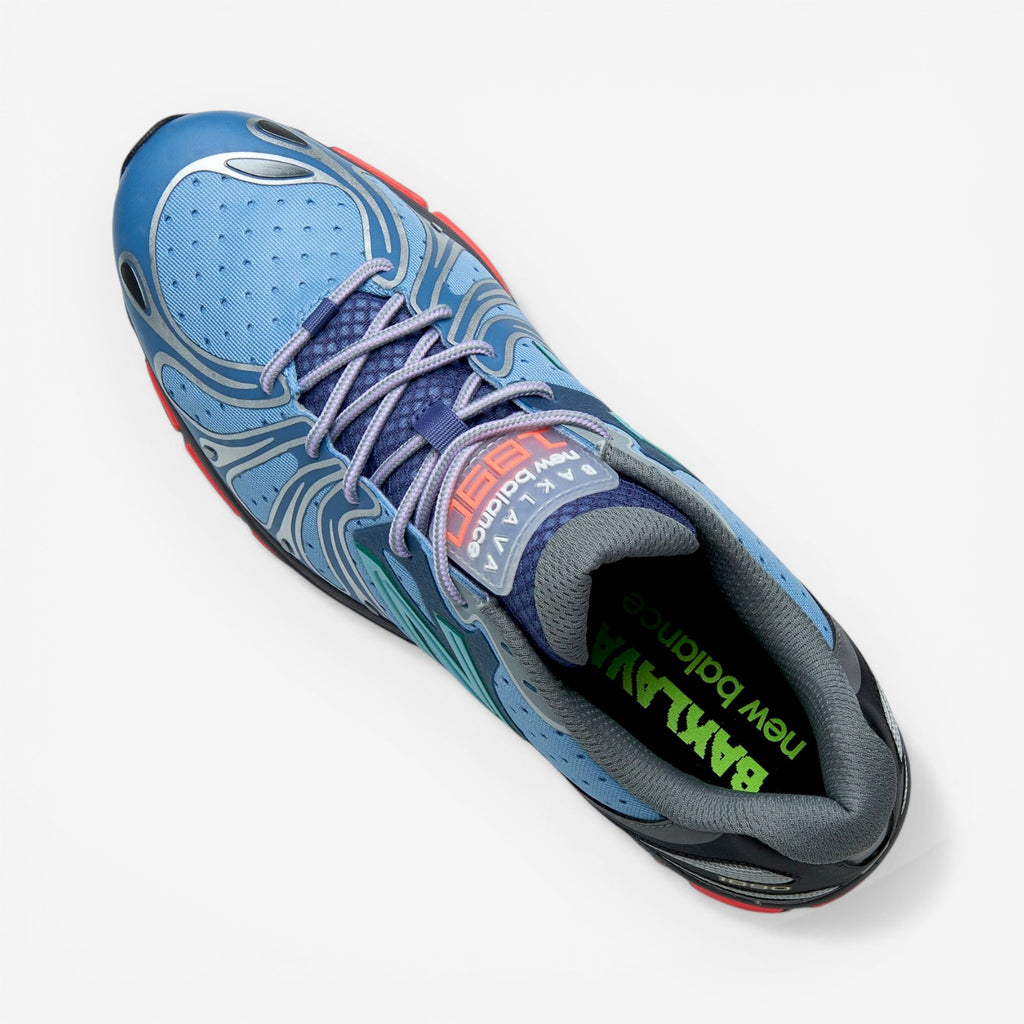 METRO Action Bronson x New Balance 1890 Medusa Azul blue mesh and suede lifestyle sneakers with grey accents and red detailing.