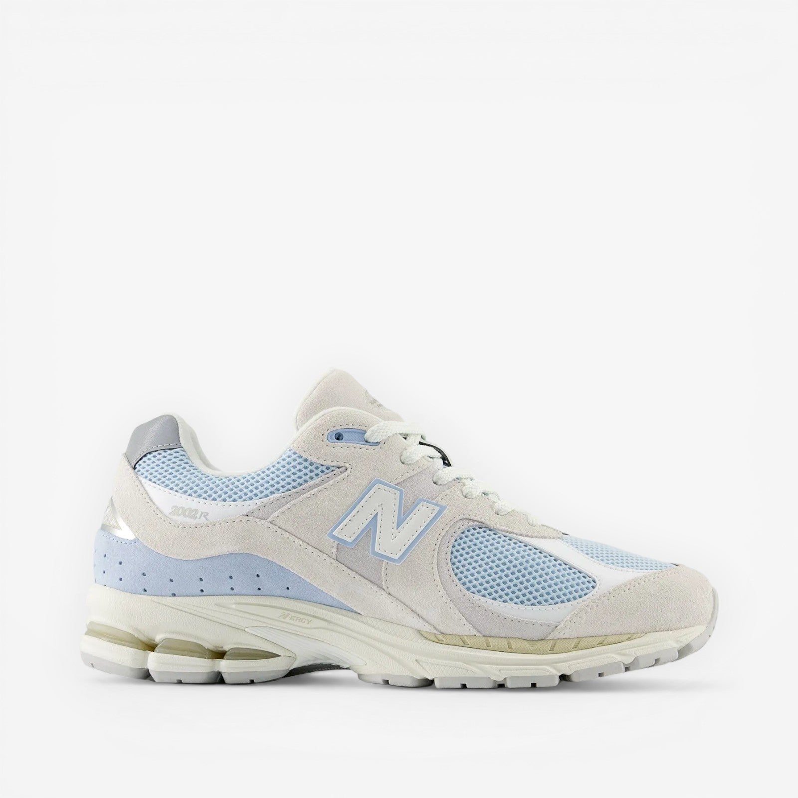 Light blue and white New Balance 2002R sneaker with mesh and suede details, footwear