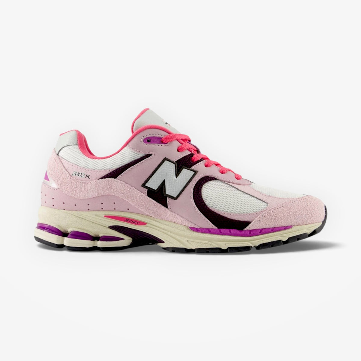METRO New Balance 2002R sneaker in twilight haze pink and white suede and mesh with purple accents and N-ergy sole