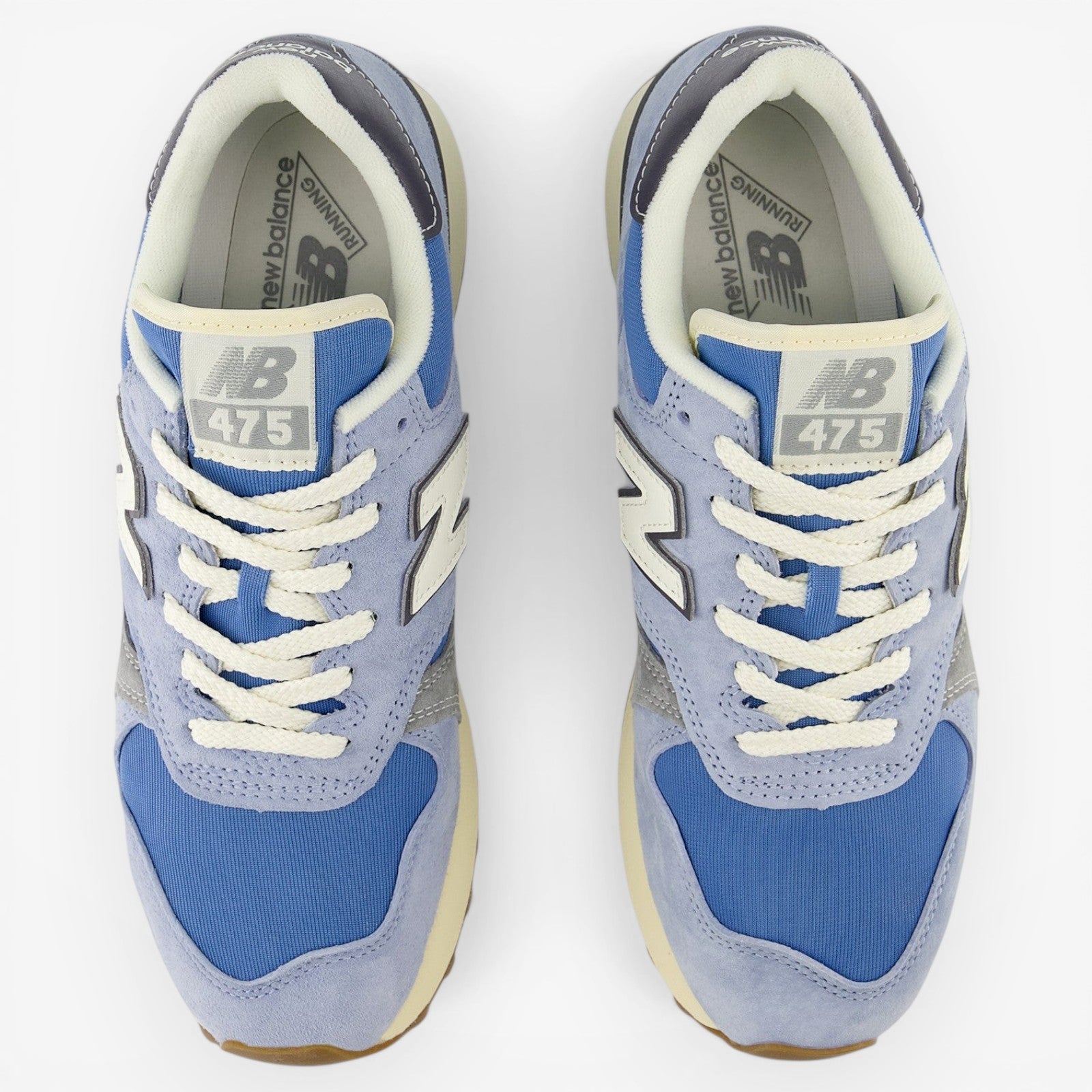 METRO New Balance 475 sneakers in light arctic grey, blue laguna, and slate grey suede and mesh with cream laces.
