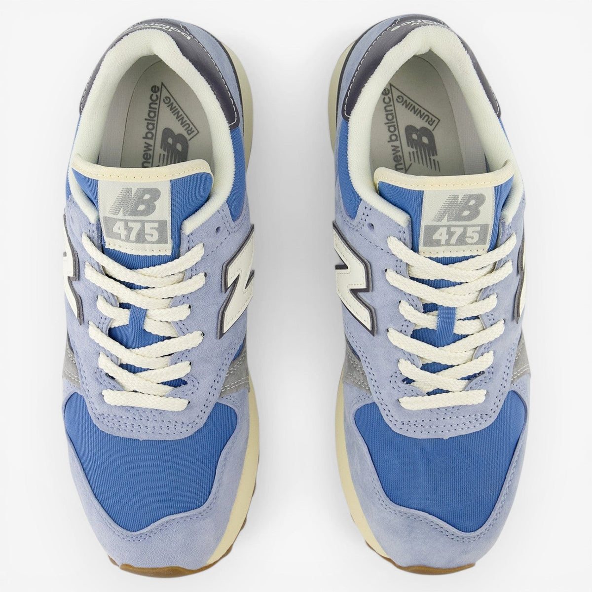 METRO New Balance 475 sneakers in light arctic grey, blue laguna, and slate grey suede and mesh with cream laces.