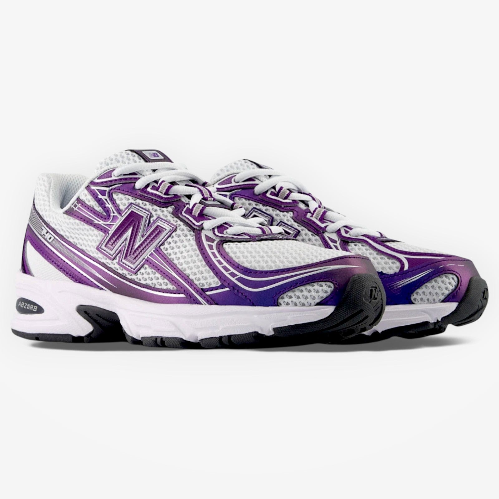 METRO New Balance 740 sneakers in Concord Grape featuring a white mesh upper with purple synthetic and suede overlays.