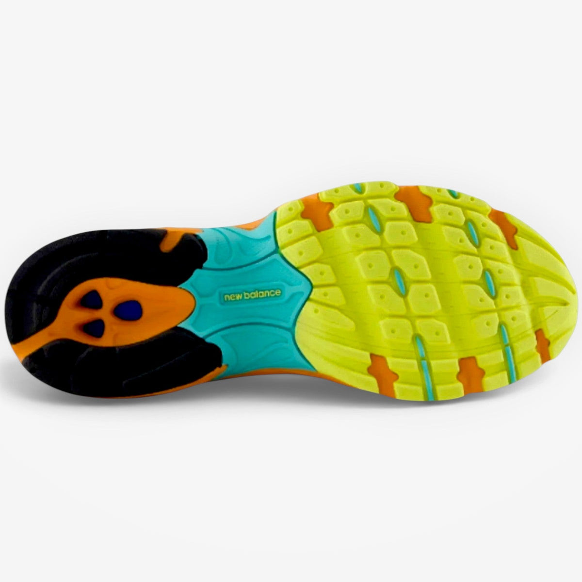 METRO New Balance 740 sneaker outsole with vibrant yellow, orange, teal, and black segmented rubber tread pattern