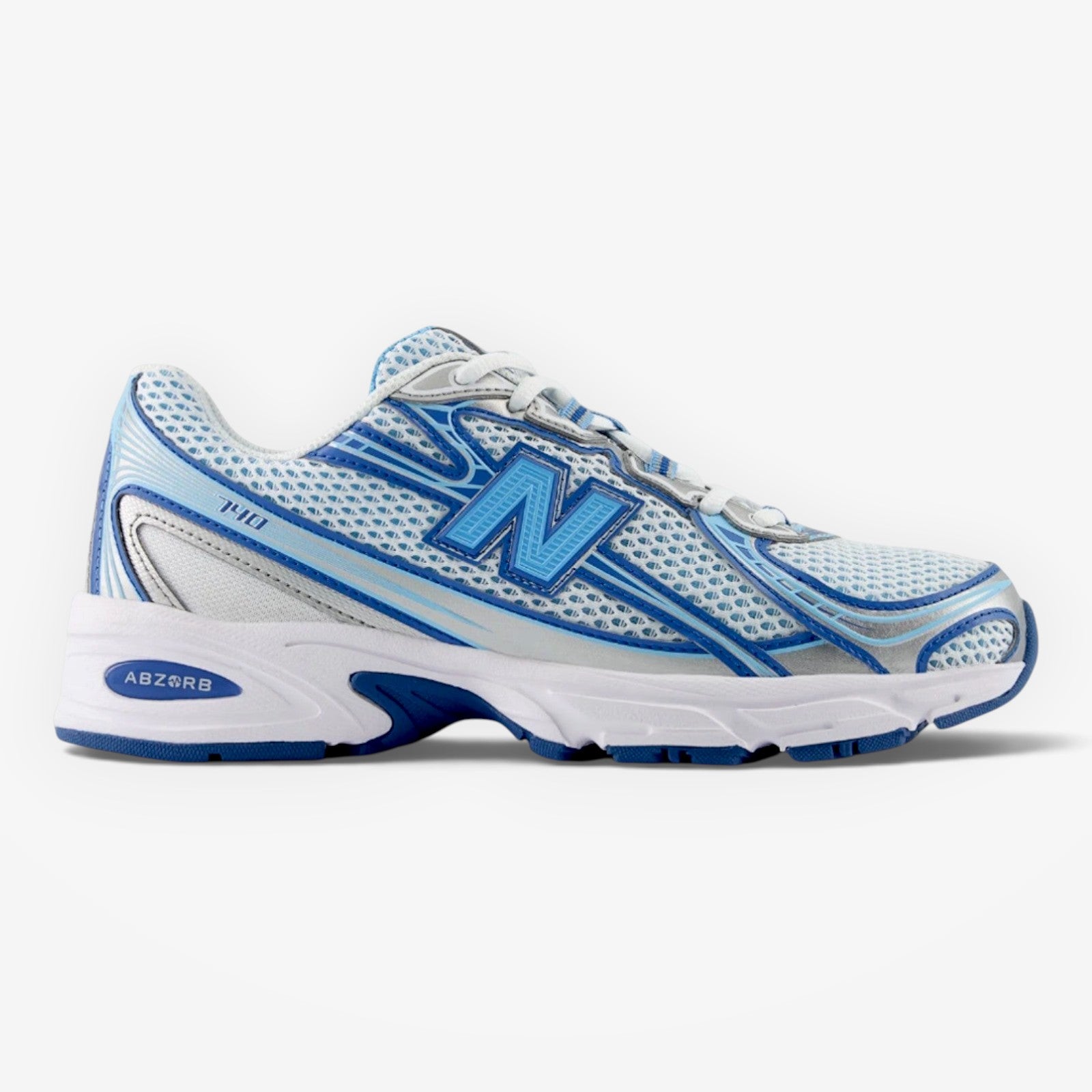 METRO New Balance 740v2 sneaker in blue agate and white with mesh, suede, and synthetic overlays, side profile view.