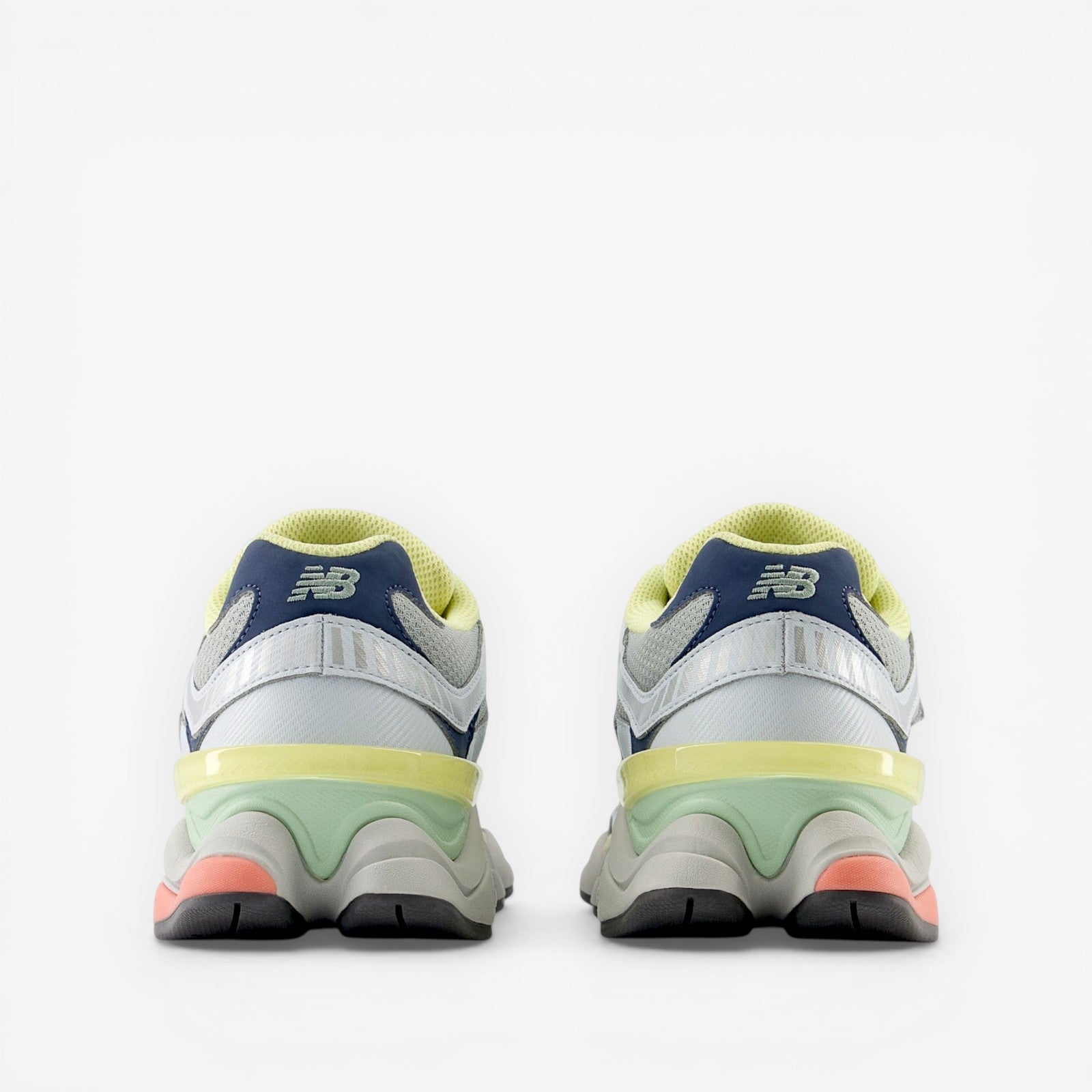 New Balance sneakers rear view, pastel color accents, mesh and leather footwear