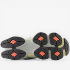 new balance sneaker outsole with black, grey, and orange tread, footwear detail