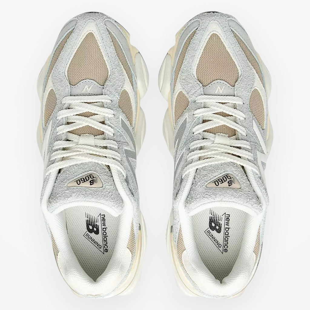 METRO New Balance 9060 sneakers in Lone Star Grey and Stonewear. Suede, mesh, and synthetic upper with ABZORB cushioning.
