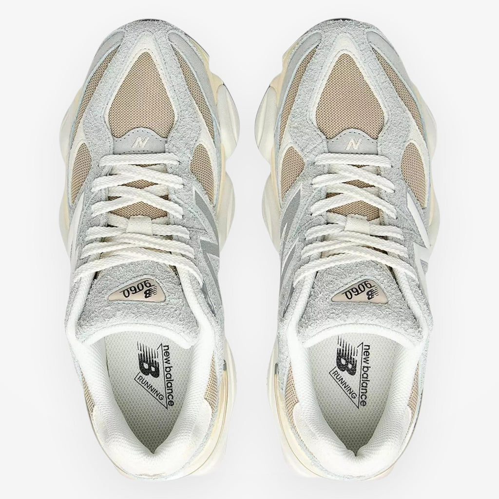 METRO New Balance 9060 sneakers in Lone Star Grey and Stonewear. Suede, mesh, and synthetic upper with ABZORB cushioning.