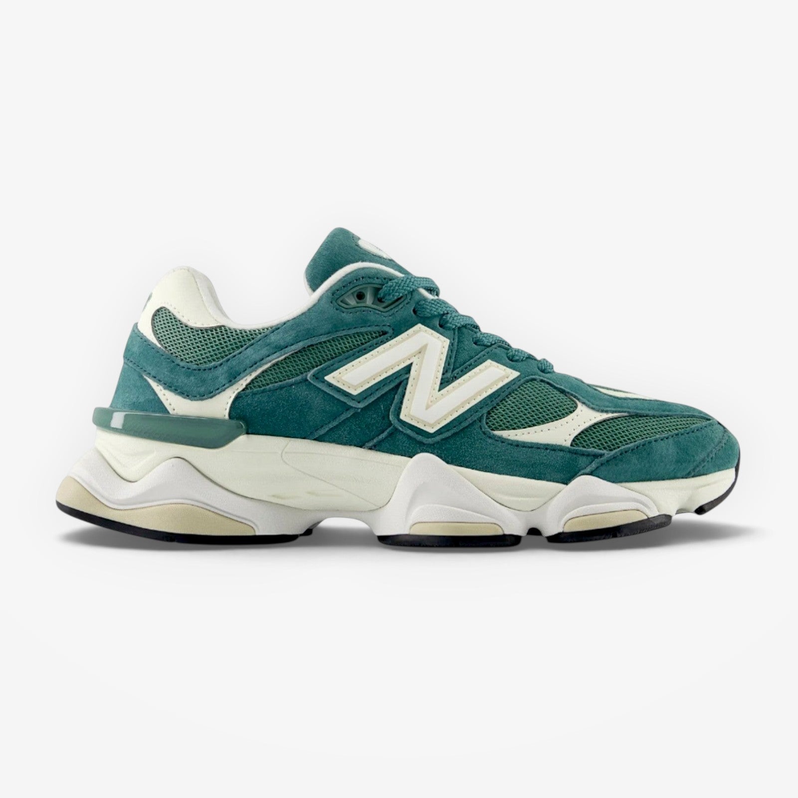 METRO New Balance 9060 New Spruce sneakers in green suede and mesh with white logo and chunky ABZORB midsole