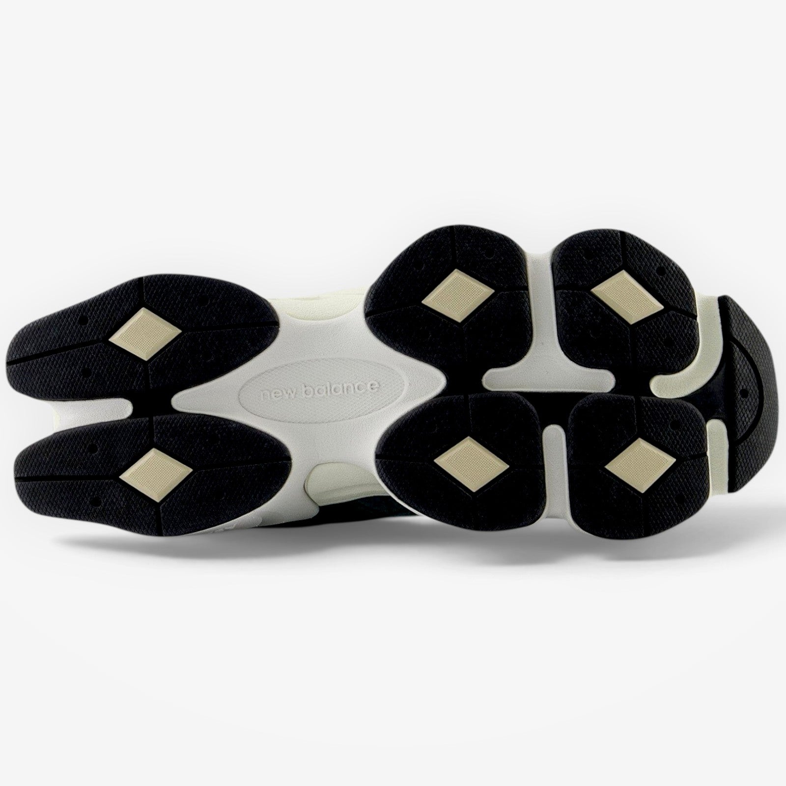METRO New Balance 9060 New Spruce sneaker outsole with black and cream rubber tread pattern