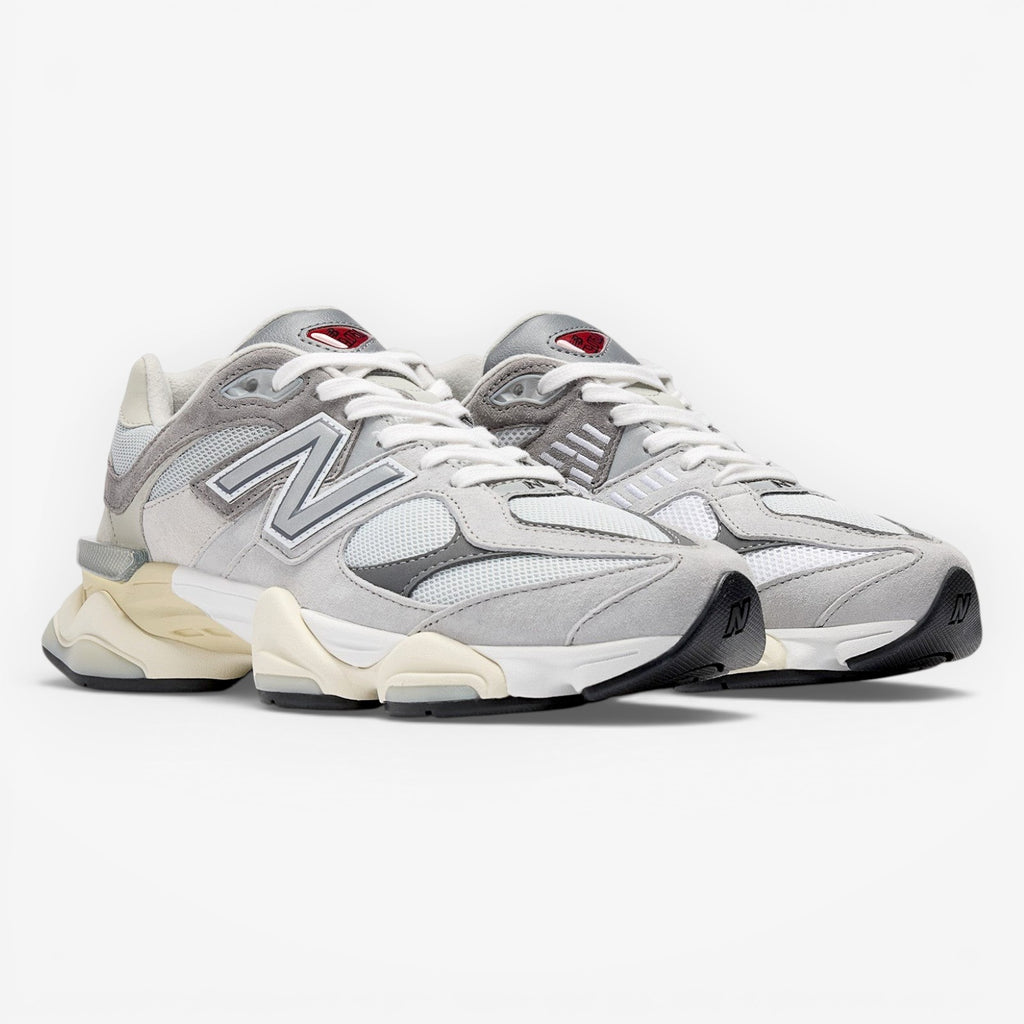 METRO New Balance 9060 sneakers in Rain Cloud, Castlerock, and White with mesh and suede.