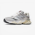 METRO New Balance 9060 sneakers in Rain Cloud, Castlerock, and White. Mesh and suede upper with ABZORB cushioning.