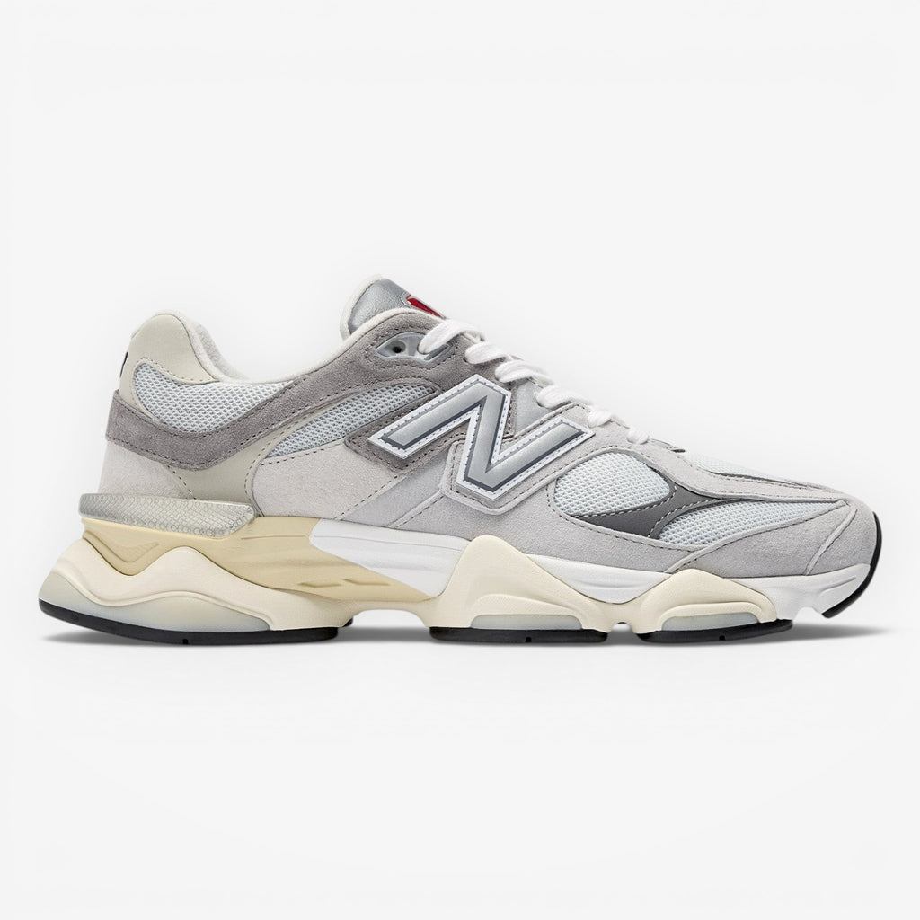 METRO New Balance 9060 sneakers in Rain Cloud, Castlerock, and White. Mesh and suede upper with ABZORB cushioning.
