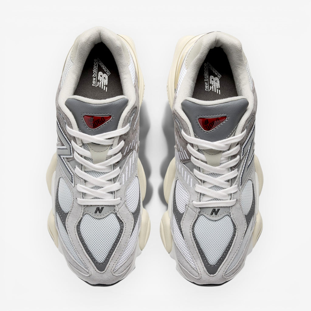 METRO New Balance 9060 sneakers in Rain Cloud, Castlerock, and White. Mesh and suede upper with ABZORB cushioning.