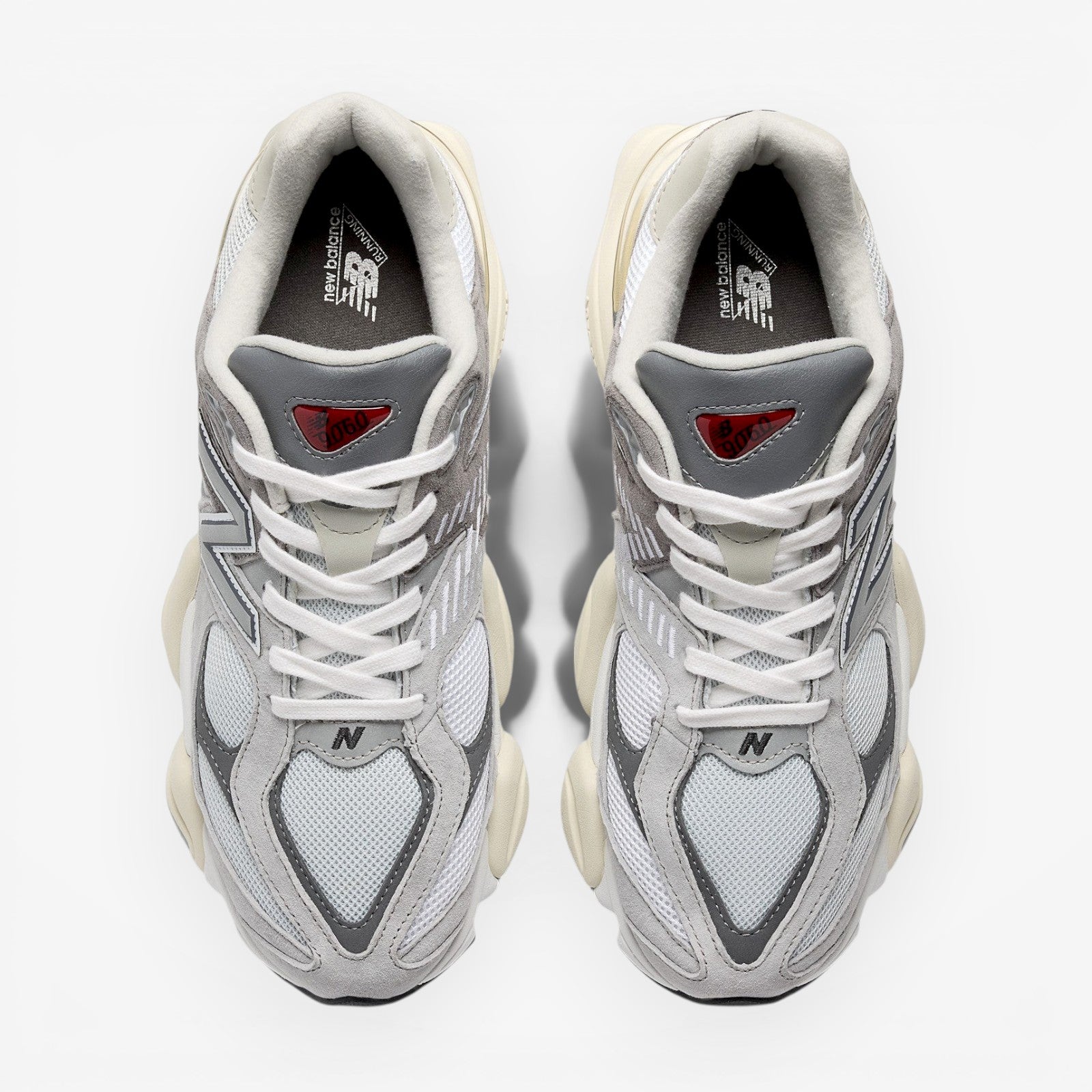 METRO New Balance 9060 sneakers in Rain Cloud, Castlerock, and White. Mesh and suede upper with ABZORB cushioning.