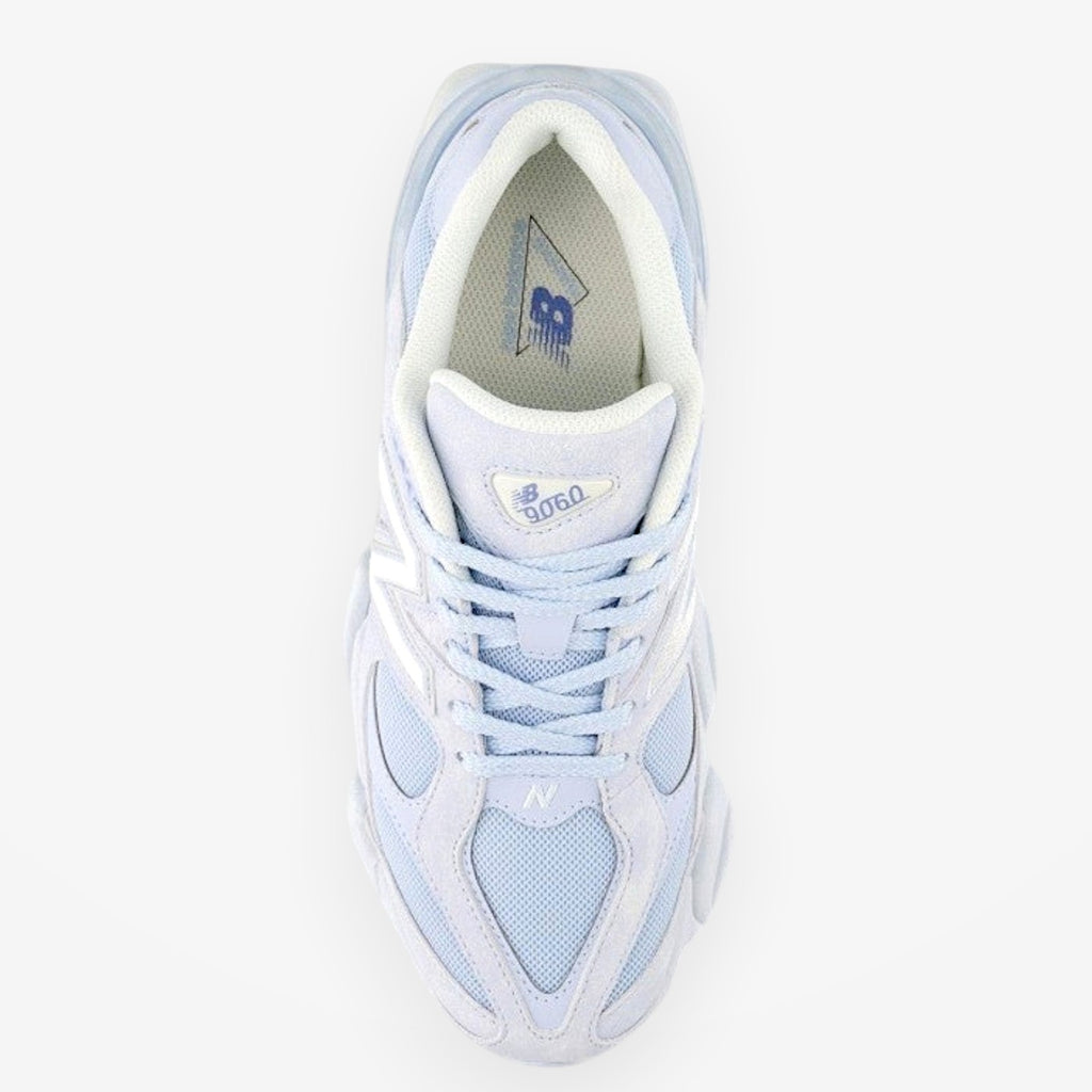METRO New Balance 9060 sea salt oxford blue sneakers with mesh and suede overlays, ABZORB & SBS cushioning.