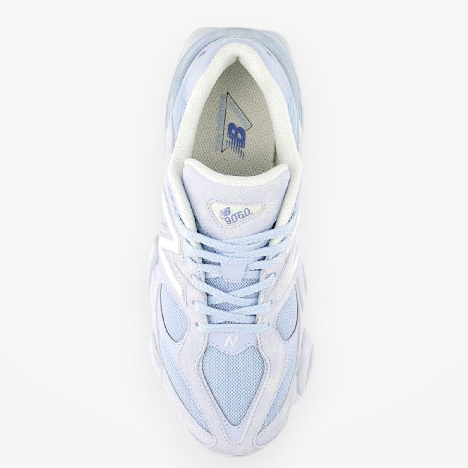 METRO New Balance 9060 sea salt oxford blue sneakers with mesh and suede overlays, ABZORB & SBS cushioning.