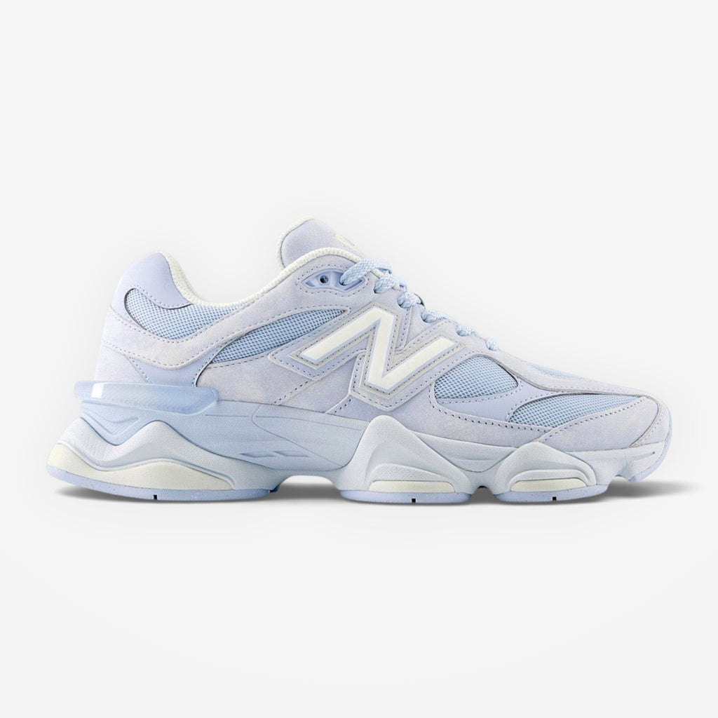 METRO New Balance 9060 sneakers in sea salt and oxford blue, made with mesh and suede overlays. Y2K style.