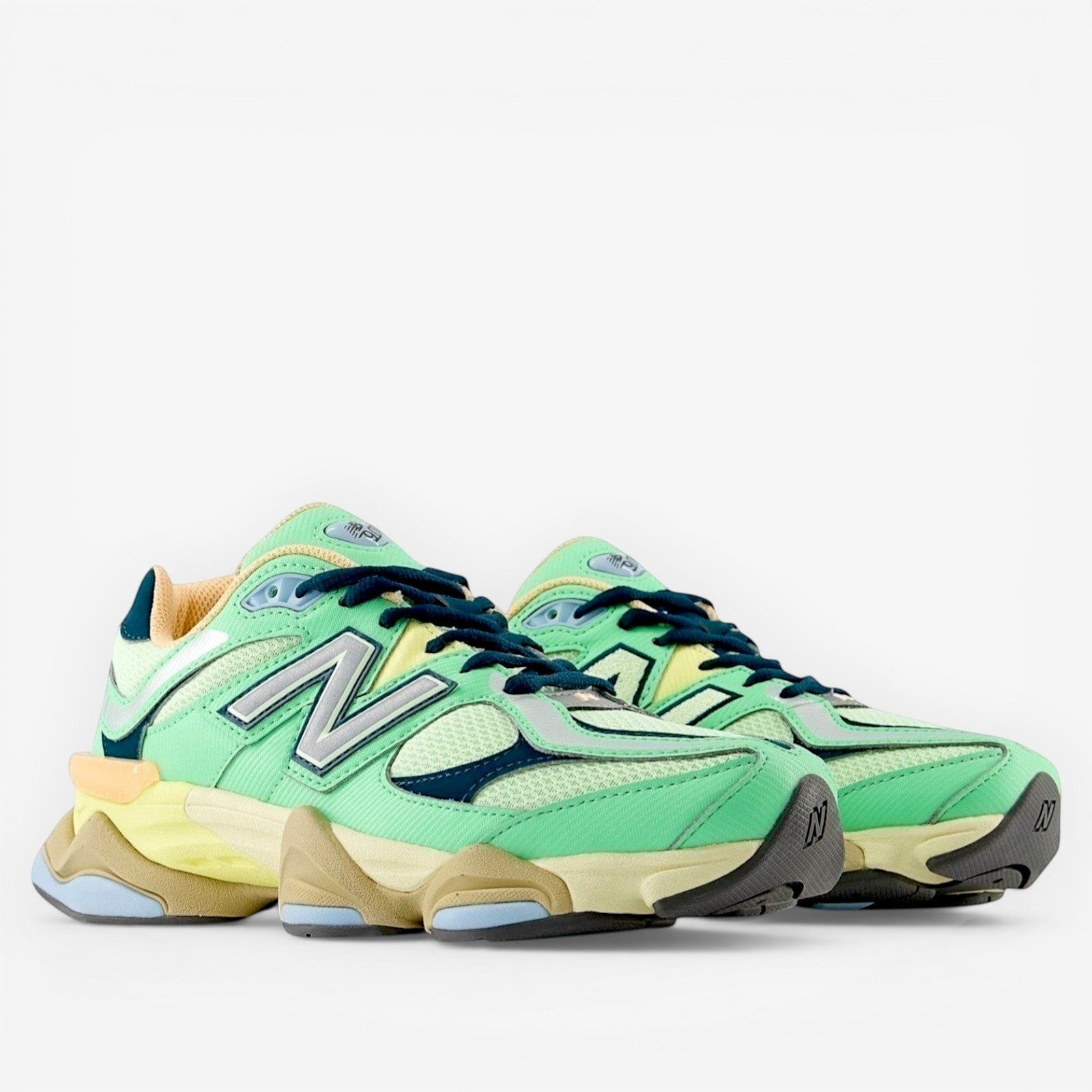 New Balance green and beige sneakers with mesh and suede details, lifestyle footwear