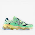 new balance sneaker in green and yellow with mesh and suede details, athletic footwear