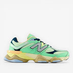 new balance sneaker in green and yellow with mesh and suede details, athletic footwear