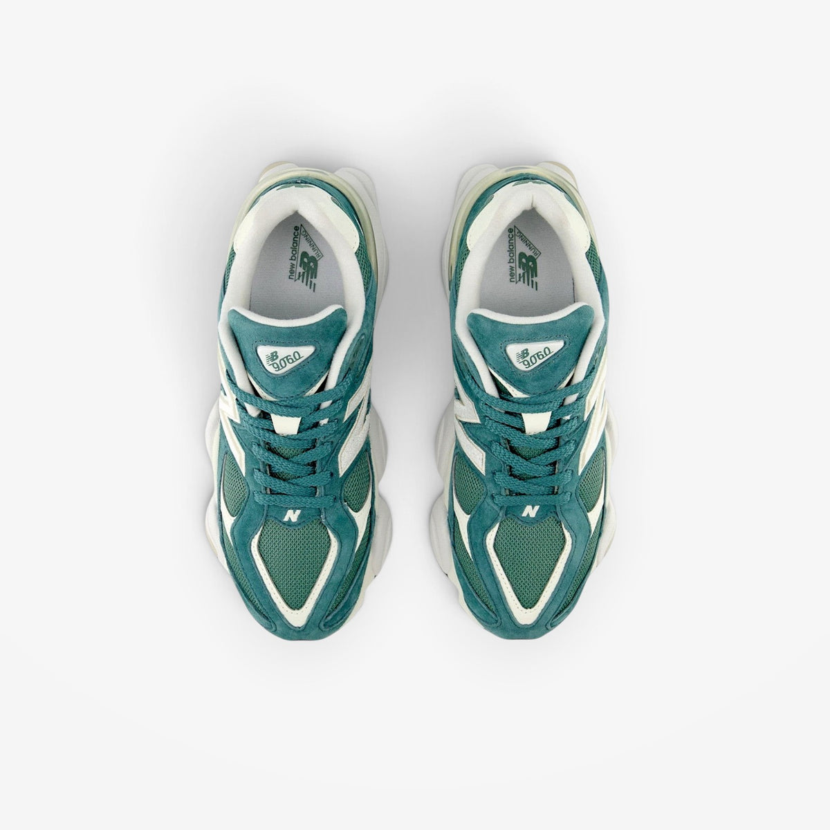 METRO New Balance 9060 New Spruce sneakers in teal suede and mesh with white accents, top-down view.