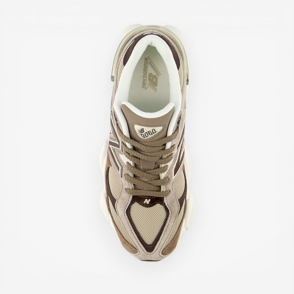 METRO New Balance 9060 Thunder Brown sneakers with mesh, suede, and synthetic overlays. Lace-up, round toe, ABZORB & SBS cushioning.