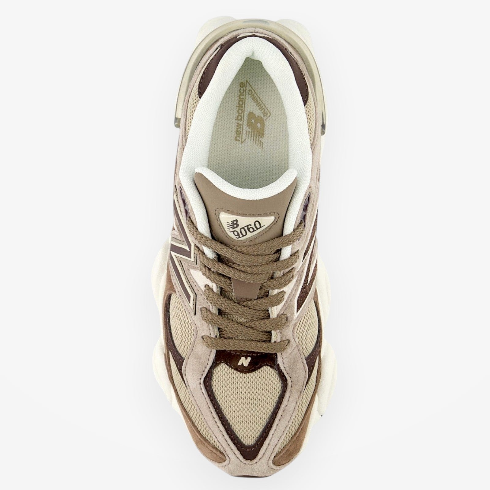METRO New Balance 9060 Thunder Brown sneakers with mesh, suede, and synthetic overlays. Lace-up, round toe, ABZORB & SBS cushioning.