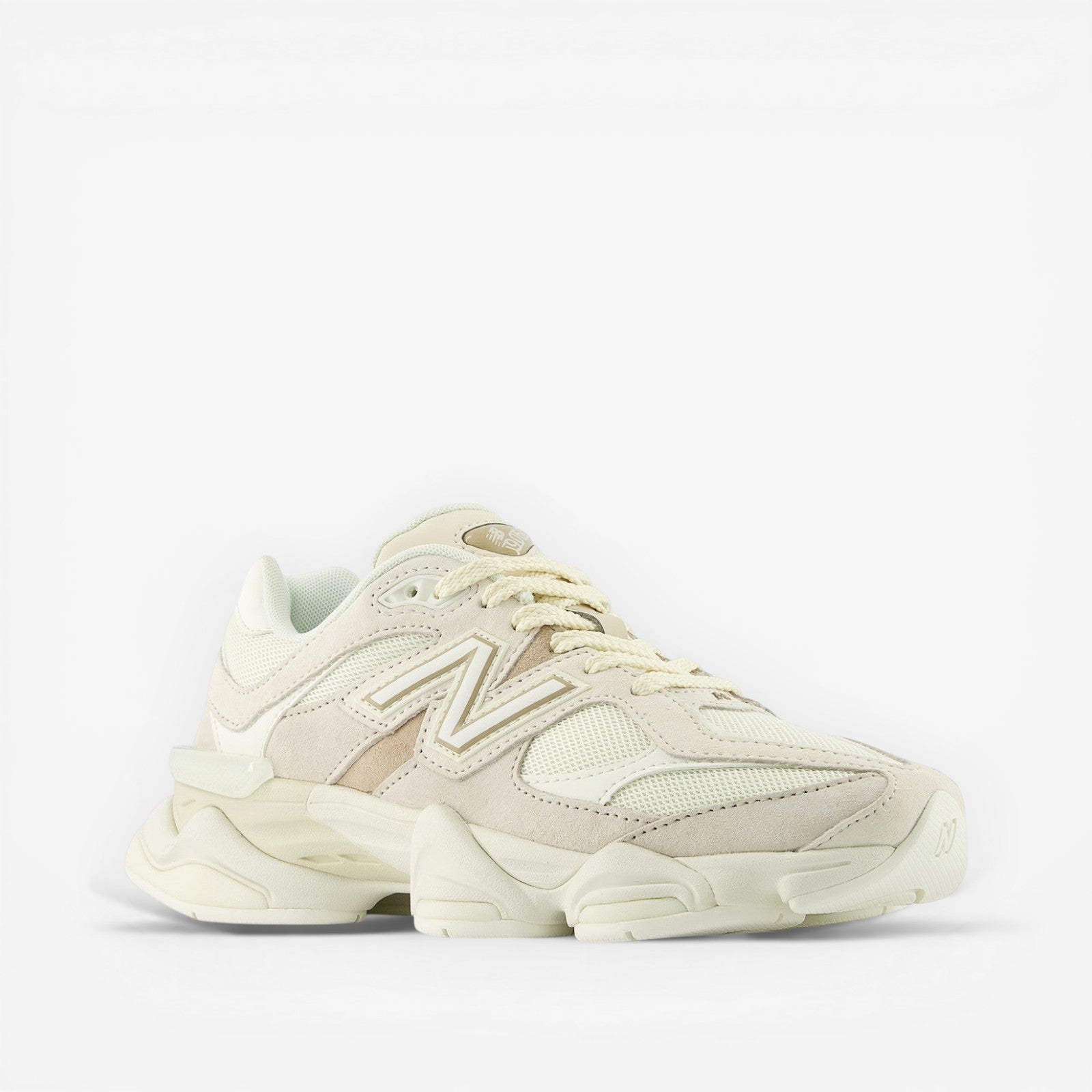 METRO New Balance 9060 unisex sneakers in white and gray, featuring mesh and suede overlays, ABZORB cushioning, and a rubber outsole.