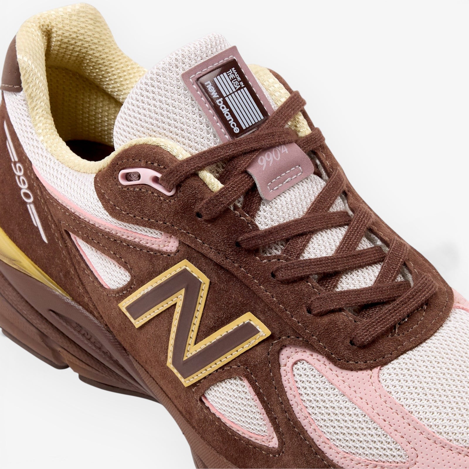 METRO New Balance 990v4 Made in USA sneaker in pumpernickel brown suede with pink chalk and alabaster mesh details