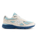 METRO New Balance 990v4 Made in USA sneakers in Moonbeam, Cloud Blue, and Magic Blue suede and mesh with ENCAP cushioning.