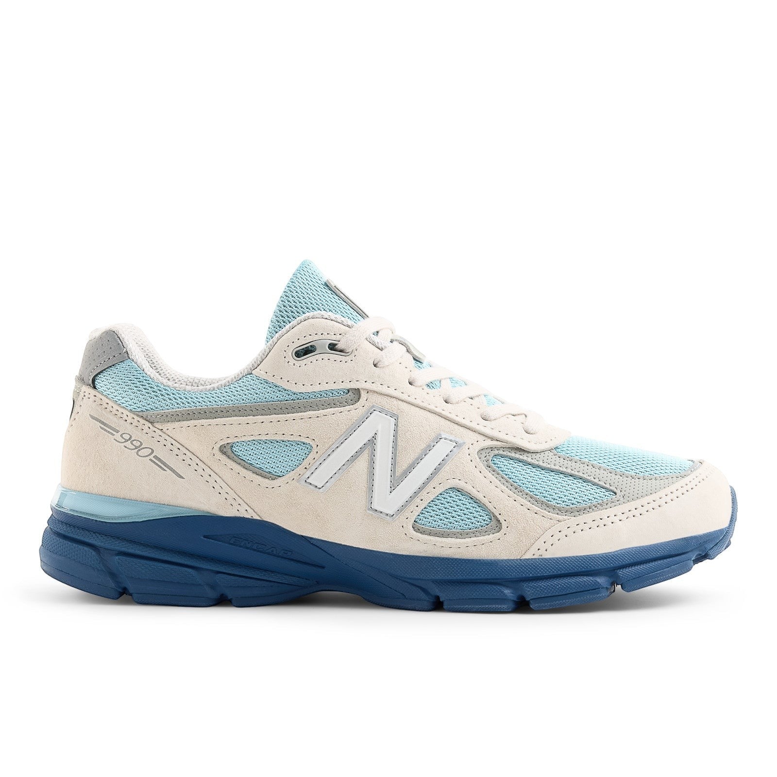 METRO New Balance 990v4 Made in USA sneakers in Moonbeam, Cloud Blue, and Magic Blue suede and mesh with ENCAP cushioning.