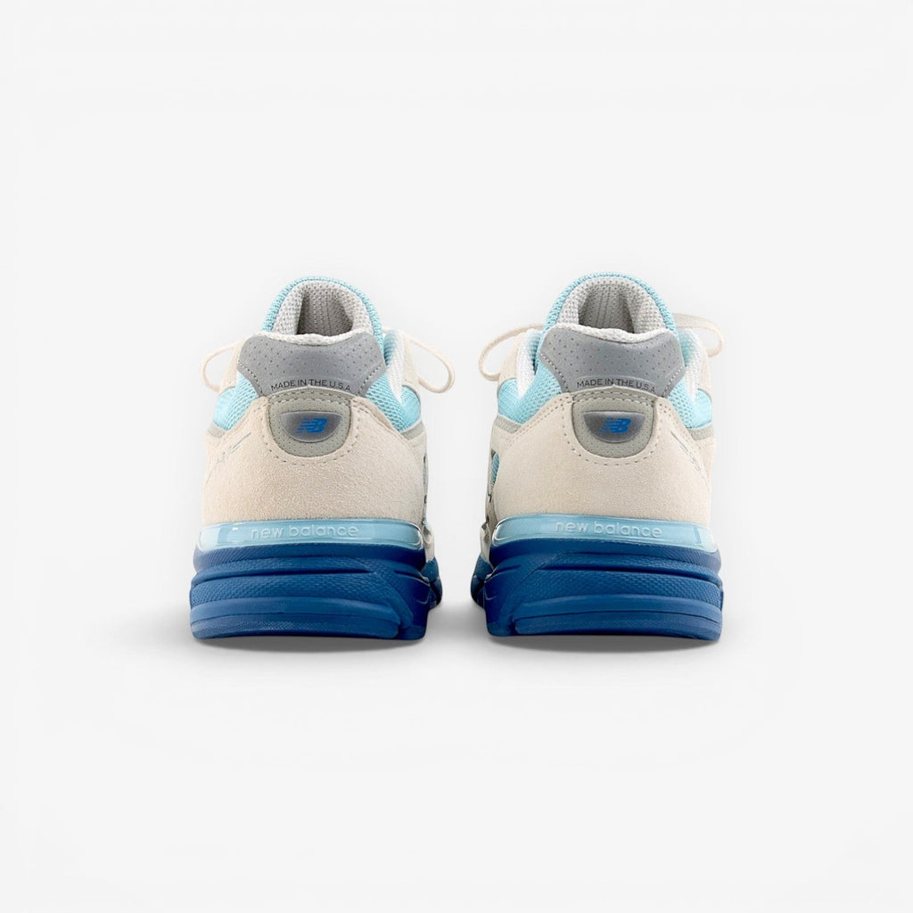 METRO New Balance 990v4 Made in USA sneakers in Moonbeam, Cloud Blue, and Magic Blue suede and mesh with ENCAP cushioning.