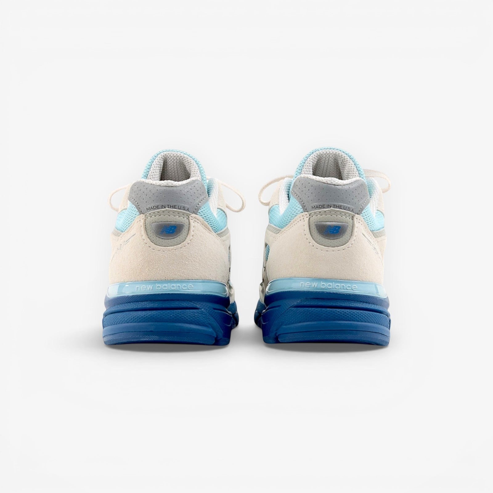 METRO New Balance 990v4 Made in USA sneakers in Moonbeam, Cloud Blue, and Magic Blue suede and mesh with ENCAP cushioning.