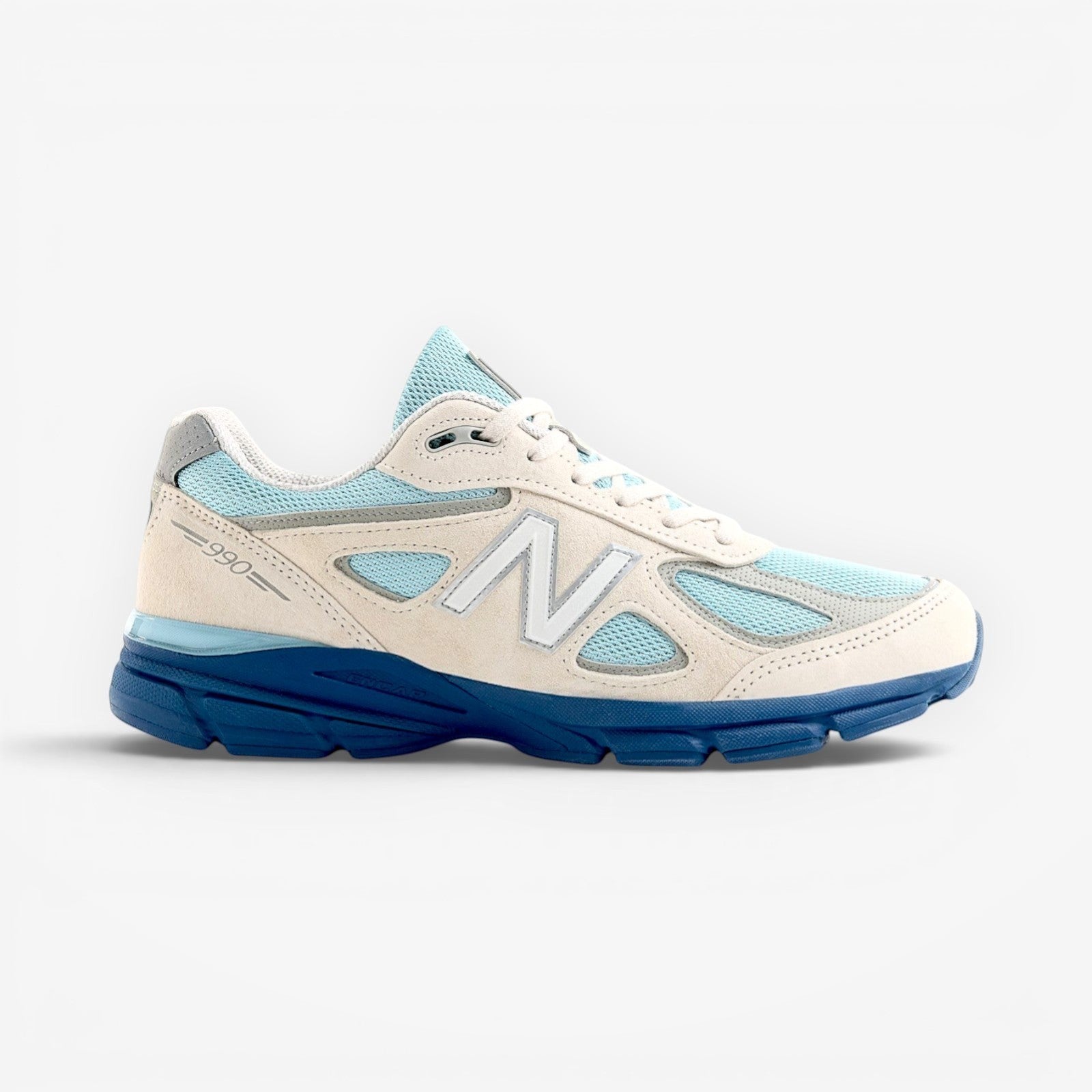 METRO New Balance 990v4 Made in USA sneakers in Moonbeam, Cloud Blue, and Magic Blue suede and mesh with ENCAP cushioning.