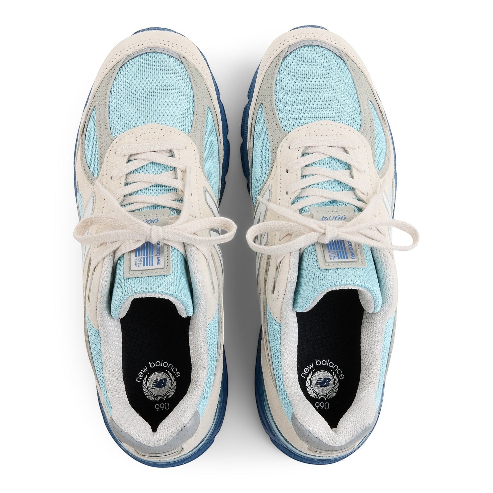 METRO New Balance 990v4 Made in USA sneakers in Moonbeam, Cloud Blue, and Magic Blue with suede overlays and mesh.